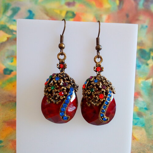 Boucles oreilles pendantes laiton bronze fleuri avec pendentif goutte verre strass cristal,fermoir crochet oreilles percee,cadeau fete