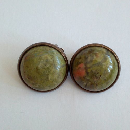Clips oreilles laiton bronze avec cabochons ronds 16mm unakite gemme pierre precieuse vert orange,cadeau fete anniversaire ,fait en france
