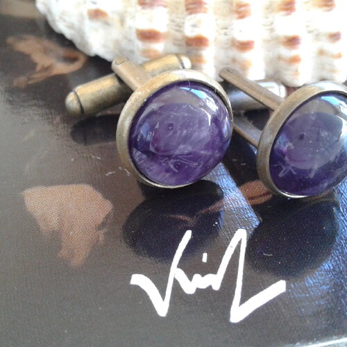 Amethyste,boutons manchette bronze,pierre fine semi precieuse,violet,accessoire bijou homme,costume,cadeau fete boho bobo,fait mains france