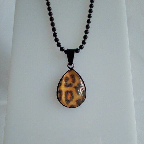 Pendentif laiton noir avec cabochon goutte imprime leopard,bijou femme fille unisex,cadeau fete anniversaire noel,fait mains en france