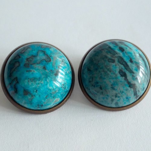 Onyx bleu, clips oreilles laiton bronze avec cabochons ronds 16mm,pierre precieuse,cadeau fete anniversaire noel, fait mains en france