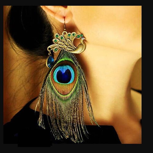 Paire boucles oreilles plumes de paon avec cristal strass vert bleu,crochet laiton,fait mains en france,cadeau fete anniversaire noel,boho