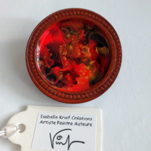 Peinture acrylique fluide,broche ronde bois fleuri, art abstrait fantastique rouge noir et poudre d'or,fait mains en france,cadeau fete noel