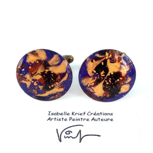 Boutons de manchette ronds,peinture acrylique fluide,violet noir rouge,poudre d or,cadeau fete anniversaire noel,fait mains en france
