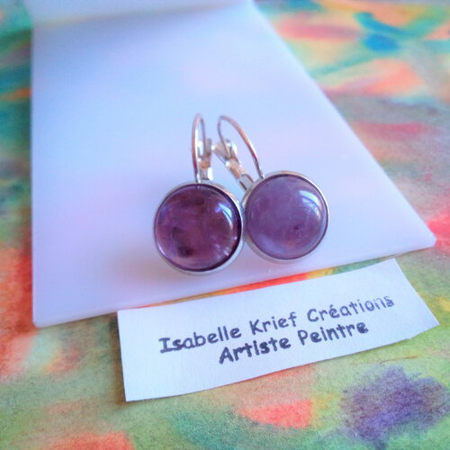 Amethyste, dormeuses rhodié avec cabochons ronds quartz pierre fine, bijou boho bobo gothique,fait mains en france