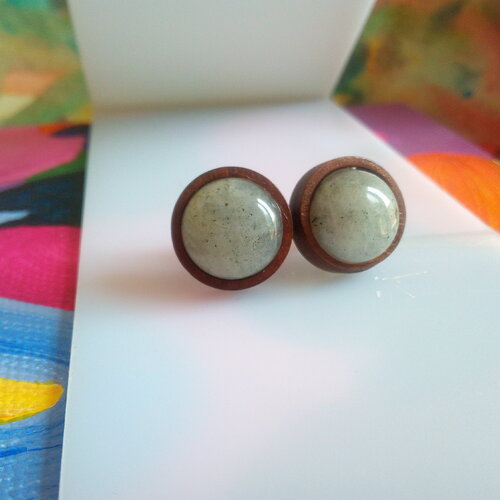 Labradorite, clous oreilles en bois avec tiges acier chirurgical et cabochons ronds 12mm,quartz pierre fine,cadeau fete anniversaire noel