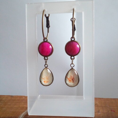 Boucles creoles agate rose,quartz pierre semi precieuse avec pendentif goutte verre peint orange nacre blanc,fait mains en france