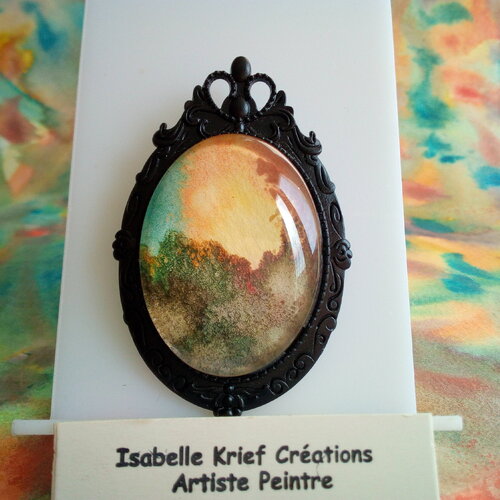 Broche laiton noir avec cabochon aquarelle oval ,fait mains en france,cadeau fete anniversaire noel,fleuri