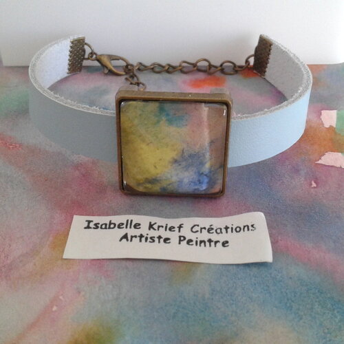 Bracelet cuir francais bleu avec cabochon aquarelle carré,et fermoir mousqueton en laiton bronze