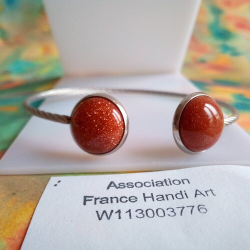 Bracelet flexible acier 316l avec 2 cabochons ronds 12mm pierre de soleil,fait mains en france,fete anniversaire noel,boho bobo