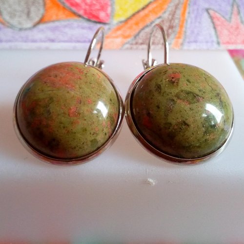 Unakite,boucles oreilles pendantes argente rhodie avec pendentifs cabochons ronds 18mm pierre gemme precieuse vert orange,fermoirs dormeuses