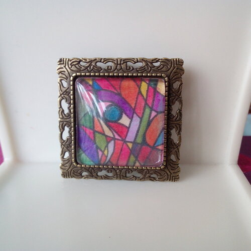 Art portable,broche laiton avec cabochon verre loupe carré 25mm, impression tableau what else d'isabelle krief,contemporain abstrait