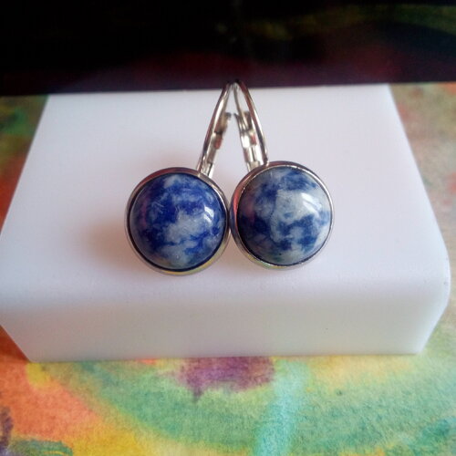 Sodalite,dormeuses rhodiées,oreilles percées,cabochon rond 12mm,pierre precieuse,cadeau bobo boho gothique,fait mains en france