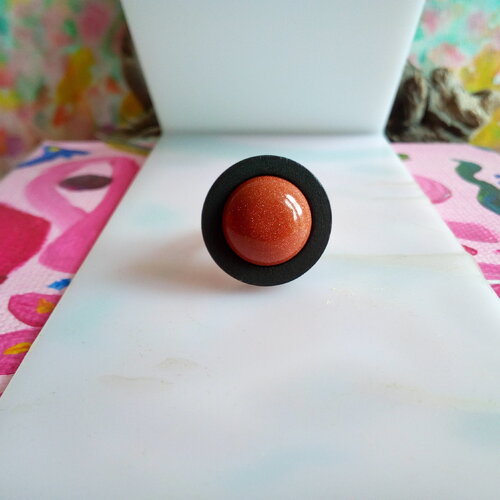 Pierre du soleil,bague bois acier ajustable,noir marron,cabochon rond,bijou femme fille,cadeau fete anniversaire