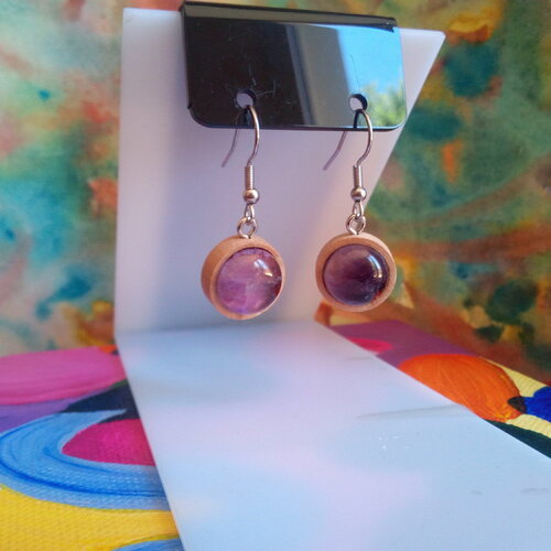 Amethyste,boucles oreilles en bois naturel avec cabochons ronds,quartz pierre fine violet,crochets acier,,fait mains en france