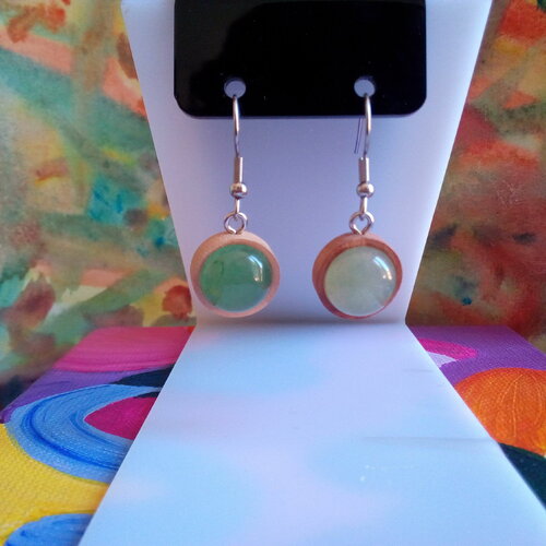 Aventurine,boucles oreilles en bois naturel avec cabochons ronds,quartz pierre fine precieuse,fermoirs crochets acier 316l