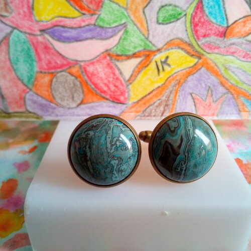 Boutons manchette laiton avec cabochons ronds 18mm onyx bleu,gemme pierre precieuse,cadeau fete anniversaire noel,accessoire costume cravate