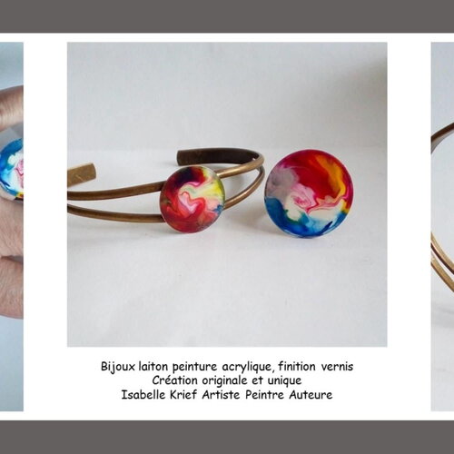 Parure bracelet bague laiton peinture acrylique,art abstrait contemporain,cadeau fete anniversaire noel,fait mains en france