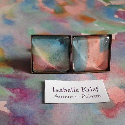 Boutons manchette laiton bronze avec cabochons carres aquarelle