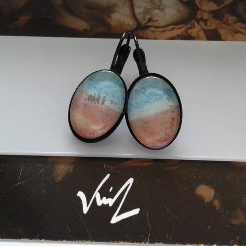 Boucles d oreilles dormeuses avec aquarelle sur cabochon en verre oval,bijou peinture originale,fait mains en france,bijou local