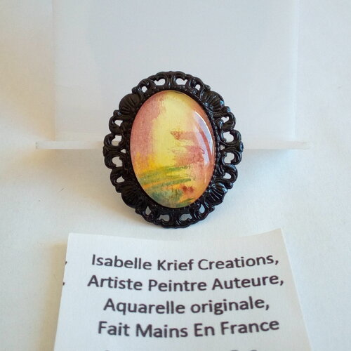 Aquarelle,broche laiton noir fleuri,fermoir epingle,cabochon oval ,art abstrait contemporain,cadeau fete anniversaire noel