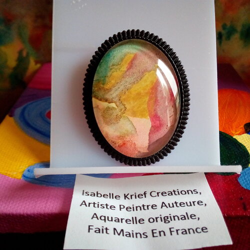 Broche laiton noir avec cabochon aquarelle originale d isabelle krief,artiste peintre,fermoir epingle,cadeau fete anniversaire noel