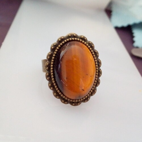 Oeil de tigre,quartz pierre fine semi precieuse,marron or,bague bronze ajustable,cabochon oval 13x18mm,fleuri boho bobo gothique,cadeau noel