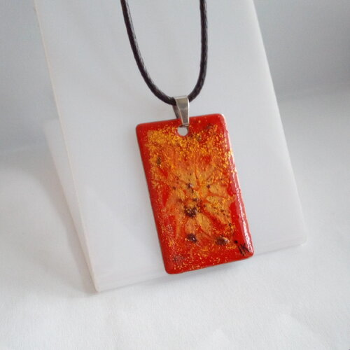 Pendentif rectangulaire en acier inoxydable,peinture fluide rouge orange marron dore,cadeau fete anniversaire noel,fait mains en france