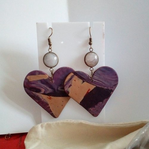 Boucles oreilles pendantes gros coeur et quartz rose,polymere et pierre fine,cadeau fete anniversaire noel,fait mains en occitanie