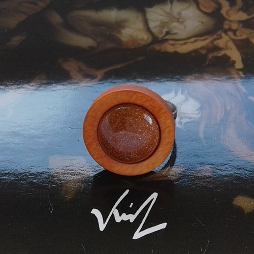 Bague pierre du soleil,bois orange,anneau acier inoxydable,ajustable,bijou femme cadeau fete,boho bobo art deco,fait mains en france