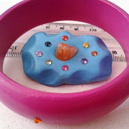 Broche coussin bleu avec pierre de lune et cristal swarovski,orange,jaune,marron,rose,vert,mauve parme,bijou d art unique