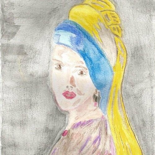 Scarlett johanson,carte postale,reproduction,aquarelle,artiste,isabelle krief,la jeune fille de wermeer,gris,jaune,bleu