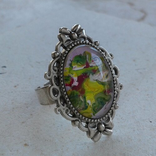 Bague argente ajustable avec cabochon oval en verre,peinture acrylique,noeud kawaii pop art,cadeau fete anniversaire noel