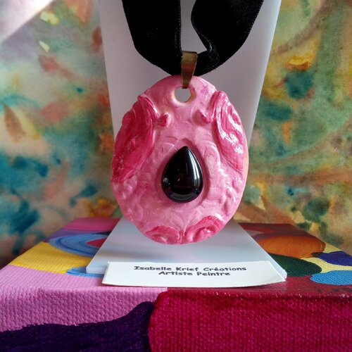 Pendentif oval fleuri ceramique rose,cabochon goutte onyx noir pierre precieuse,tour de cou choker velours noir,bijou d art unique peint