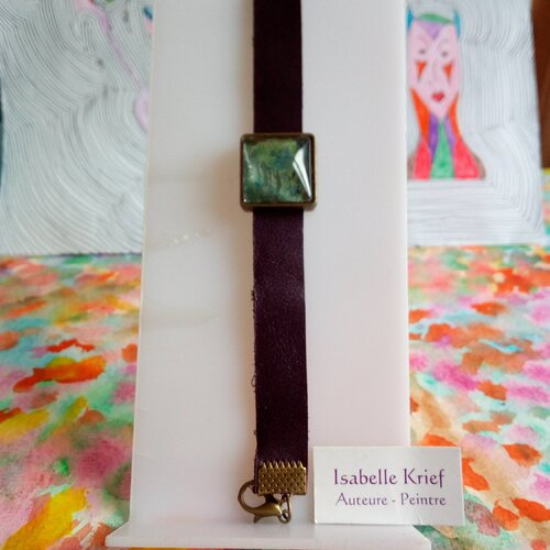 Bracelet cuir souple violine aubergine avec cabochon carre aquarelle ,fait mains en france,cadeau fete anniversaire noel