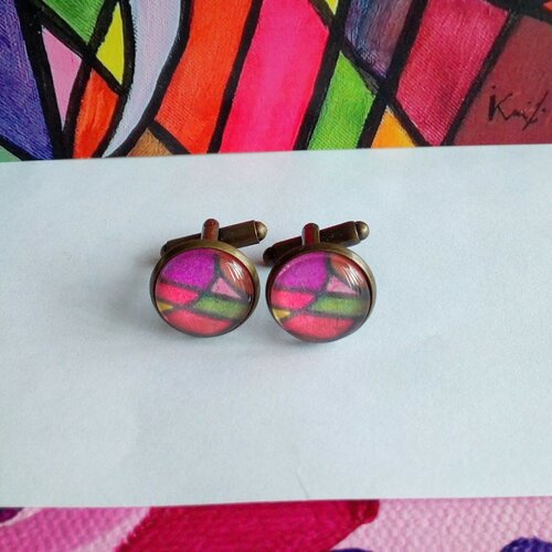 Boutons de manchettes ronds 14mm en laiton avec cabochons impression tableau signe isabelle krief,artiste peintre francaise,cubisme