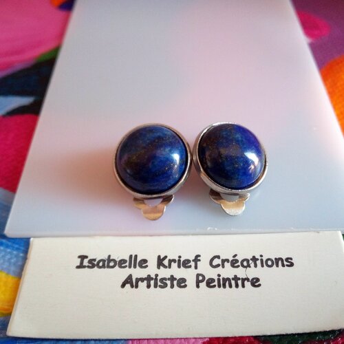 Boucles oreilles clips argente rhodié avec cabochons ronds 12mm lapis lazuli pierre precieuse bleue,fait mains en france,cadeau fete noel