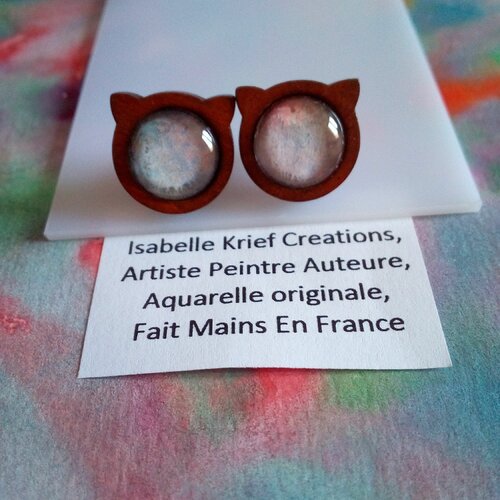 Boucles oreilles bois acier,clou oreilles chat avec cabochon aquarelle,tige et fermoir poussoir en acier inoxydable