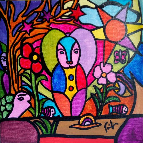 Peinture acrylique pop art fantastique surréaliste,le chien et la tortue,isabelle krief artiste peintre à narbonne