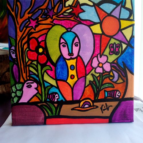 Tableau peinture acrylique le chien et la tortue, oeuvre originale d isabelle krief artiste peintre à narbonne,pop art color