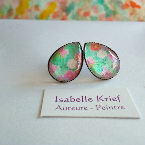 Art portable,clous oreilles percees laiton bronze avec cabochons gouttes 13x18mm aquarelle fleurie ,cadeau fete anniversaire noel,