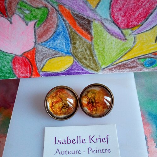 Verre peint,clips oreilles non percees laiton bronze avec cabochons ronds orange vert nacre blanc or,fait mains en france