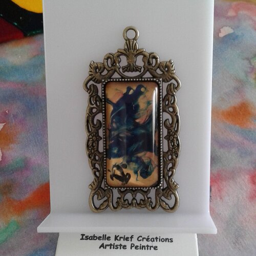 Verre peint ,pendentif art nouveau fleuri,cabochon rectangle or bleu turquoise,diy collier,cadeau fete,boho bobo gothique,art nouveau