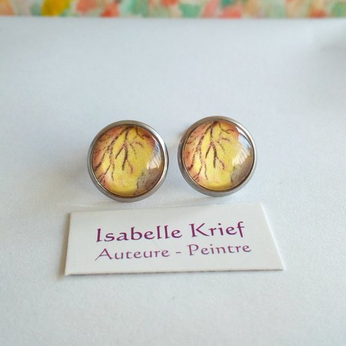 Clips boucles oreilles non percees argente avec cabochons rond aquarelle fee des bois,fait mains en france,cadeau fete anniversaire noel