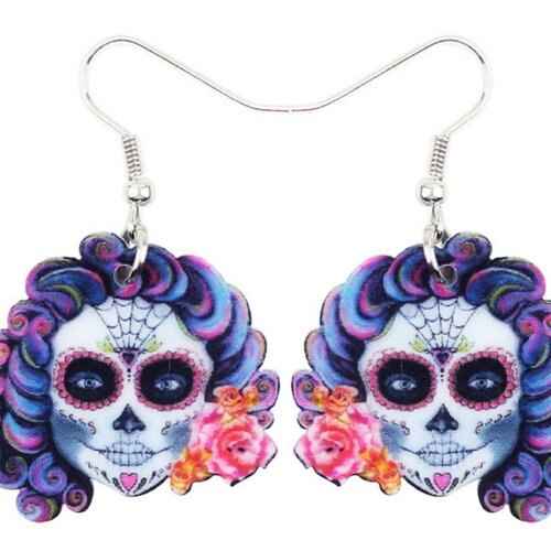 Boucles oreille acrylique,crâne femme sourire macabre,coeur fleur toile araignee,rose orange bleu violet,gris noir,edouardien steam punk