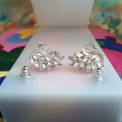 Clous d oreilles cygne avec cristal strass diamant,tige argent 925,fermoirs bouchons acier et silicone,cadeau fete anniversaire noel,boho