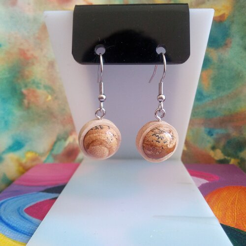 Jaspe paysage,boucles d oreilles bois avec cabochons ronds pierre precieuse,fait mains en france,cadeau fete anniversaire noel