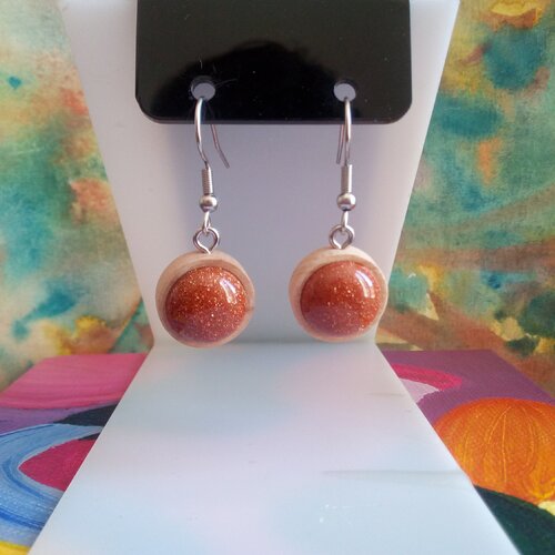 Pierre du soleil,boucles oreilles en bois naturel avec cabochons ronds 12mm,crochets acier 316l,fait mains en france