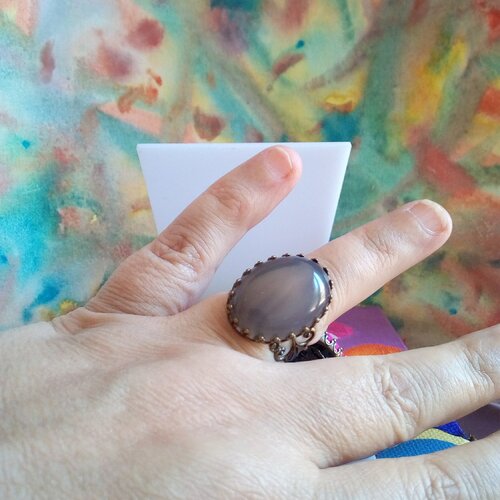 Quartz fumé,bague laiton bronze ajustable avec cabochon oval 18x25mm,filigrane fleuri lys royal,cadeau fete anniversaire noel, boheme