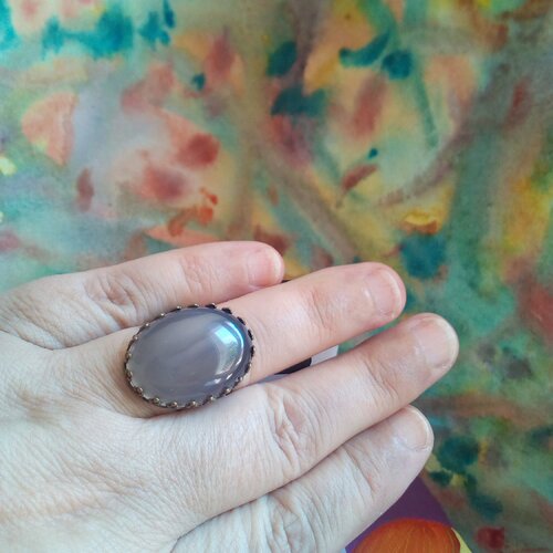 Quartz fumé,bague laiton bronze ajustable avec cabochon oval 18x25mm,filigrane fleuri lys royal,cadeau fete anniversaire noel, boheme